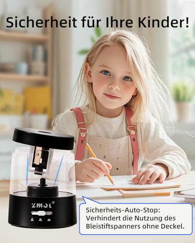 ZMOL Elektrischer Anspitzer (Pencil Sharpener) - Kompaktes, batteriebetriebenes Gerät zum schnellen Radieren von Nr.2 - Stiften und Farbstiften (6-8mm), ideal für Kinder, Schule, Büro und Zuhause.