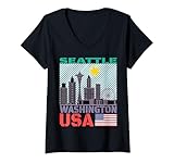 Photo Gallery donna maglietta con immagine dello skyline di seattle, washington state cityscape maglietta con collo a v Photo Gallery donna maglietta con immagine dello skyline di seattle, washington state cityscape maglietta con collo a v