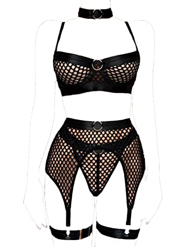Dewinya Womens 5Pc Fishnet Lingerie Sets - Choker, Underwire Bra, Hight Waisted Garter Skirt, Thong, Leg Straps, Black, Medium