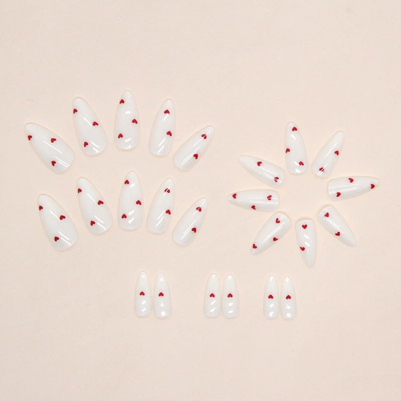 Miniatura 3 de Uñas postizas a presión para el día de San Valentín, uñas postizas blancas con diseño de corazón rojo, uñas adhesivas medianas medianas de cobertura