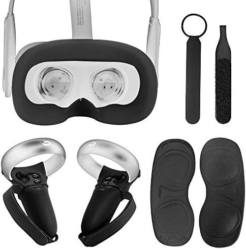 HIJIAO Accessories Set for Oculus Quest VR, Face Silicone Cover/Touch Controller Grip Cover/Knuckle Strap/Microfiber Cleaning Cloths/Lens Protect Cover for Oculus Quest (Black)