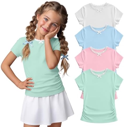 Mumucove 4 Pack Girls' Short Sleeve Shirts, 4-Color, 13-14 Years