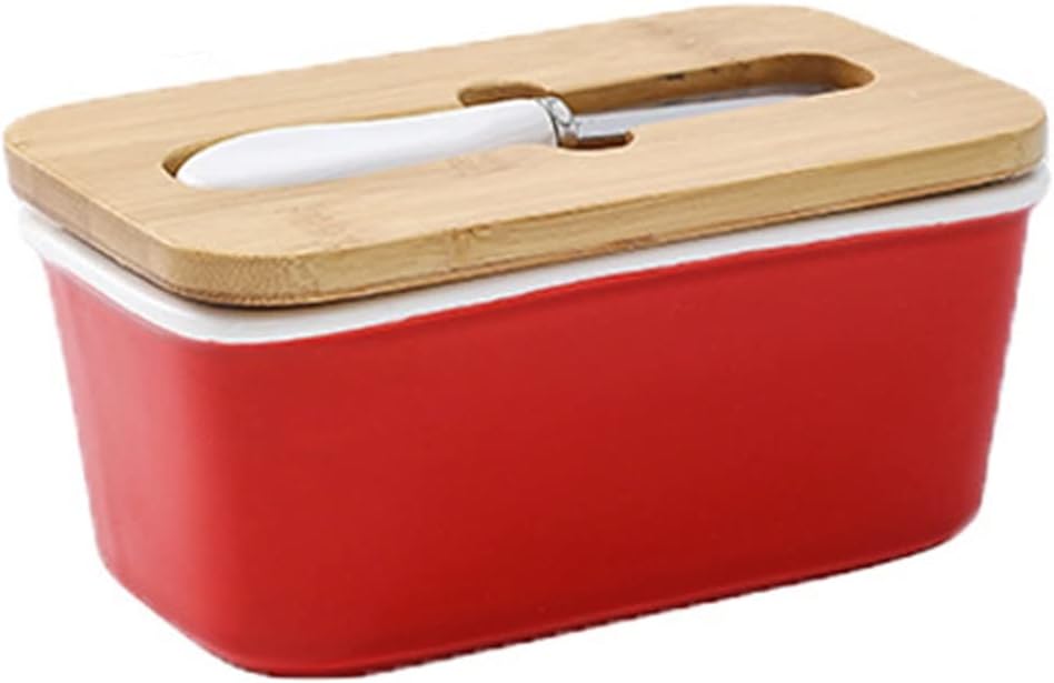 Butter Container Large Butter Dish with Lid Ceramic Butter Holder Container with Knife and Silicone Sealing Butter Boxes with Covers Cheese Storage Tray for All Types of Butter (Color : Red)