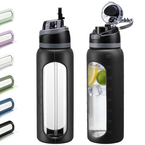 Kodrine 32oz Glass Water Bottle With Straw and 2-IN-1 Lid, Motivational Water Bottle with Time Marker and Silicone Sleeve, Reusable Borosilicate Glass Drinking Bottles for Home, Gym, Sport-Black