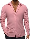 Hi-Tie Mens Dress Shirts Pink Stretch Regular Long Sleeve Button Down Wrinkle Free Casual Formal Dress Shirts for Men