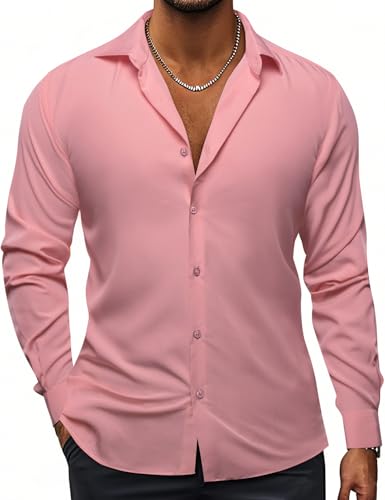 Hi-Tie Mens Dress Shirts Pink Stretch Regular Long Sleeve Button Down Wrinkle Free Casual Formal Dress Shirts for Men
