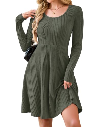 AUSELILY Langarm Strickkleid Damen Rundhalsausschnitt Pullover Kleid Gestrickt Herbstkleid Damen mit Taschen Armeegrün XL