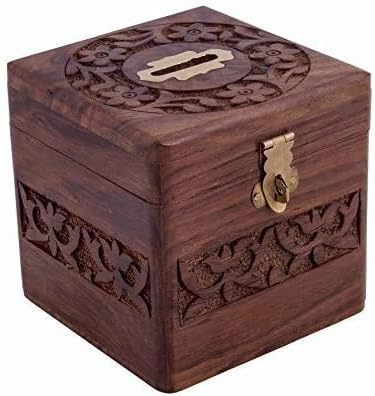 GIFTS PLANET Beautiful Indian Handmade Wooden Money Bank in Square Shape Carving Work With Coin Slot for Kids 4 Inch