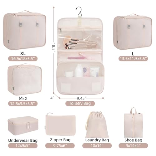 Image of Porslin Travel Packing Organizers 8-Piece Luggage Organiser Set with Travel Cubes for Packing Clothes, Mesh Travel Bag Organiser with Toiletry, Shoe & Laundry Bags, Travel Organizer Pouch for Clothes