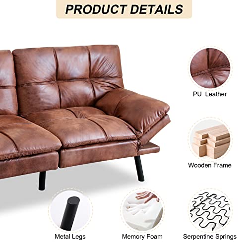 Opoiar Futon Couch Futon Sofa Bed Memory Foam Futon Faux Leather Sofa Bed Couch Convertible Sleeper Sofa Couches With Arm Rest, Metal Legs For Small Spaces Living Room, Brown, 3 Seats #TOP4