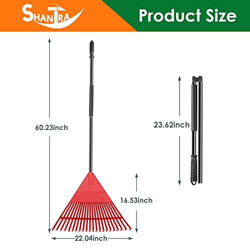 Garden Leaf Rake, 60" Garden Rakes With Foldable Lightweight Steel Handle, 22 Tines Plastic Head Shrub Rake, Folding Yard Garden Rake For Shrub, Lawns, Grass, Flower Beds Leaves Cleaning, Black & Red #TOP1