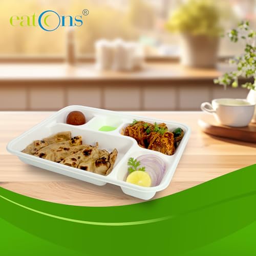 Image of EATONS | 5 Compartment Bagasse Meal Tray | Pack of 50 | Disposable Plates Big Size | Sugarcane Paper Plates | Ideal for Events, Caterers & Buffet | Heavy Duty, Leakproof, Microwave Safe