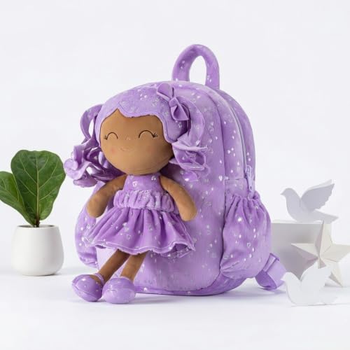 Image of Gloveleya Toddler Backpacks Baby Girl Gifts Curly Hair Plush Figures Dress Backpack - Silver Heart Accents in Deep Purple 11''