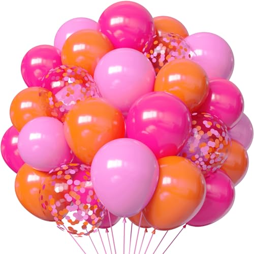 Image of Pink and Orange Balloons, 55PCS light pink balloons 12inch Pink Orange Confetti Balloons for Baby Shower, Birthday, Wedding, Tropical Party decorations