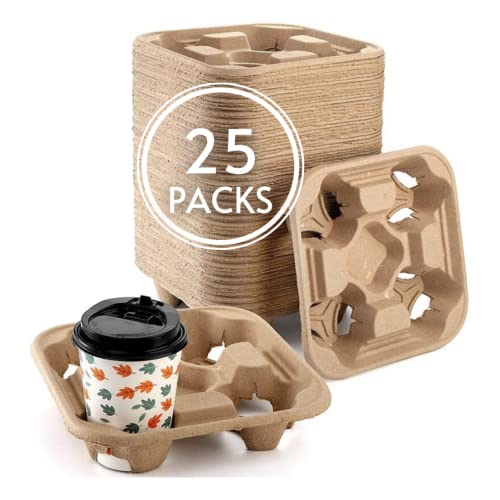 4 Cup Disposable Coffee Tray Carrier - Biodegradable, Premium Eco-Friendly Drink Carriers - For On The Go Hot Drinks, Food Delivery For Restaurants Cafes & Coffee Shops… (25 Count)