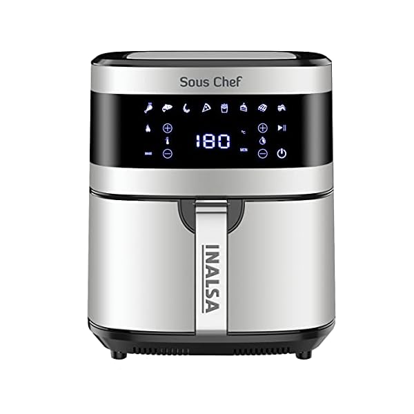 INALSA Air Fryer Digital 6.5 L Sous Chef-1650 Watt with 8 Preset Programs, Variable Temperature Control & Auto Shake Reminder|Free Recipe book|2 Year Warranty(Black/Silver)