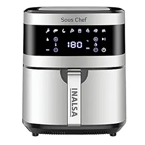 INALSA Air Fryer Digital 6.5 L Sous Chef-1650 Watt with 8 Preset Programs, Variable Temperature Control & Auto Shake Reminder|Free Recipe book|2 Year Warranty(Black/Silver)
