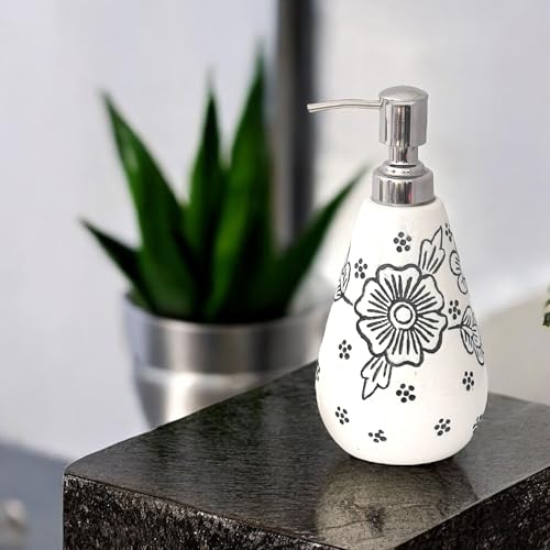Image of Ceramic Soap Dispenser 330ml (Set of 1) | Multipurpose Liquid Soap, Lotion & Hand Wash Pump Bottle for Bathroom & Kitchen | White Flower Design