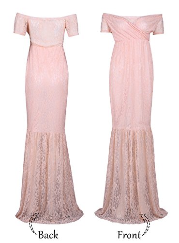 Justvh Women's Off Shoulder Short Sleeve V Neck Lace Maternity Gown Maxi Photography Dress Peach Pink #TOP4