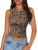 ZESICA Women's 2026 Summer Sleeveless Floral Tank Tops Mesh Y2K Crop Going Out Outfits Beach Vacation Trendy Clothes Leopard Small