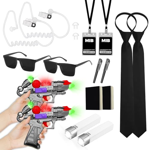 Agent Costume Accessories Set – Sunglasses, Black Tie, ID Badge, Earpiece, Flashlight, Mini Notebook & Pen, Laser Toy Gun – Men-in-Black Halloween Cosplay for Adults & Teens(2 Set)