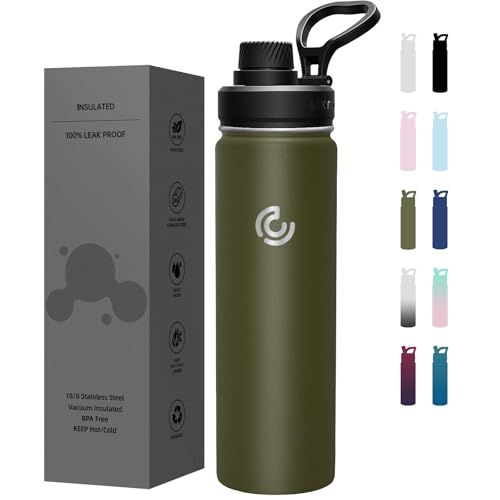 COKTIK Insulated Stainless Steel Water Bottle With Straw Lid, 22 oz Wide Mouth Double Wall Vacuum Insulated Water Bottle Leakproof Lightweight for Hiking, Biking, Running(Army Green)
