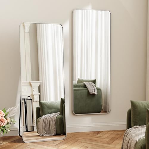 Riskioir 56 x 21 Full Length Mirror with Stand Full Body Mirror Standing Floor Mirrors for Bedroom Living Room Entryway with Rounded Corner Aluminum Frame - Standing Leaning Hanging Silver