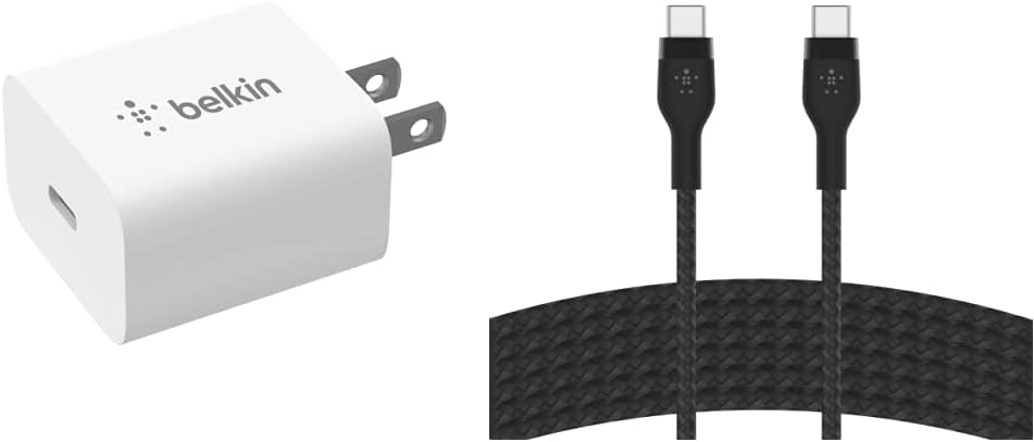 Bundle of Belkin 20 Watt USB C Wall Charger Fast Charging Block for iPhone 14, 14 Pro, 14 Pro Max, 13, 13 Pro, 13 Pro Max & More + Braided USB Type C to C Cable (3M/10FT)