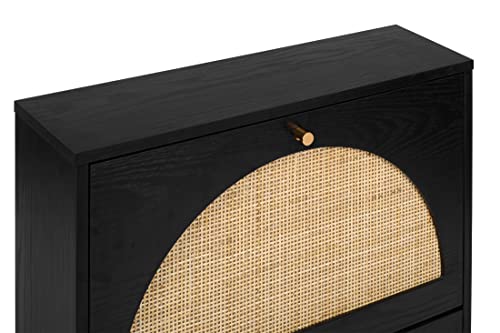 Rattan 2-Drawer Shoe Cabinet Modern Freestanding Shoe Rack Organizer Wooden Entryway Narrow Shoe Storage Cabinet W/Natural Rattan Flip Doors For Closet Hallway Small Space(1 Pack-Black) #TOP7
