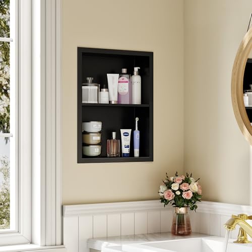 Qeke 14x 18 Medicine Cabinet Recessed with Double Shelves, Matte Black
