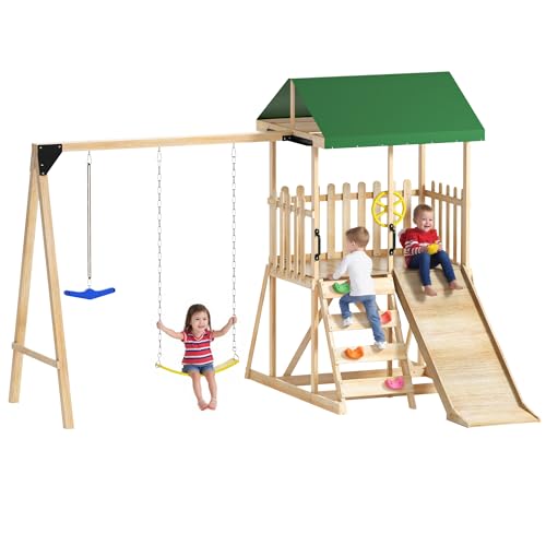 Cofiyard Wooden Swing Set, Kids Playground for Backyard,...