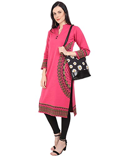Image of Rosary Women's Winter Wear Jacquard Woolen Straight Kurti with 2 Side Pockets,Pink,M