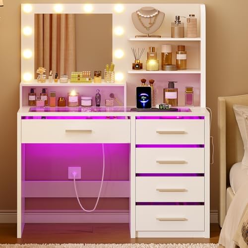 TEENFON Makeup Vanity with Glass Top, Makeup Desk with Mirror and...
