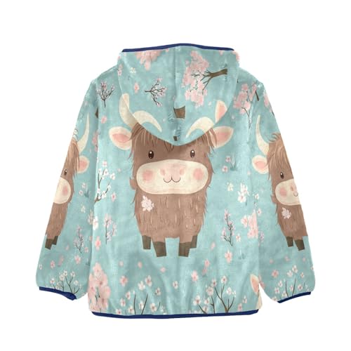 Highland Cow and Cherry Blossom Toddler Fleece Jacket Girl Boys Hooded Fleece Jacket Coat Warm Outwear Zip-up 3-10T2