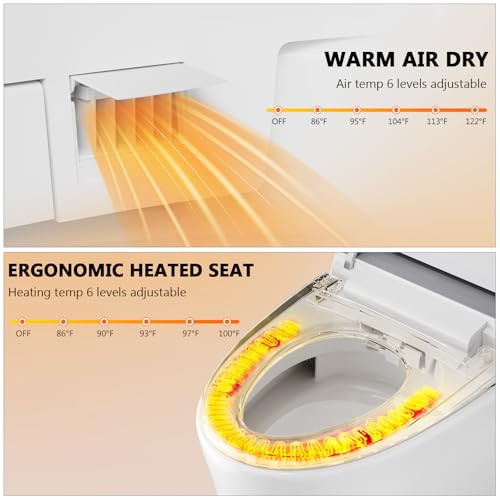Smart Toilet, Luxury Smart Bidet Toilet with Foot Sensor Operation, Heated Bidet Seat, Led Light, Dual Auto Flush, Auto Open/Close Modern Elongated Toilet with Remote Control for Bathroom