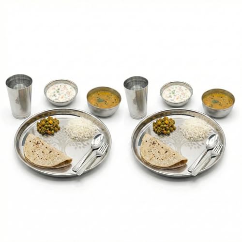 Image of Human Hydro Stainless Steel Thali Dinner Set | 12-Piece: 2 Plates, 2 Bowls (Katoris), 2 Side Plates, 2 Glasses, 2 Spoons & 2 Forks | Food-Grade, Rust-Free, Mirror Finish | Dishwasher Safe