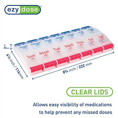 Image of EZY DOSE Push Button (7-Day) Pill Case, Medicine Planner, Daily Vitamin Organizer, 2 Times a Day AM /PM, Large Compartments, Arthritis Friendly, Easy to Use, Clear Lids, Red /Blue, BPA Free (Pack of 2)