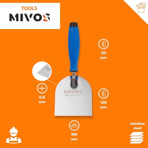 Mivos Stukkateurspachtel 100 x 120 mm mit Softgriff - Rostfrei - Edelstahl Maurerkelle 100 mm - Gipserspachtel - Putzerkelle - Kelle für Mauererarbeiten - Made in EU