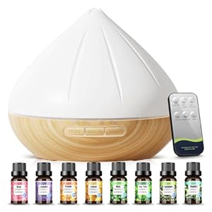 Diffuseur d’Huiles Essentielles, 500ml Diffuseur avec 8x10ml Huiles Essentielles Ensemble, Télécommande Humidificateur avec Lumières LED 14 Couleurs pour Chambre