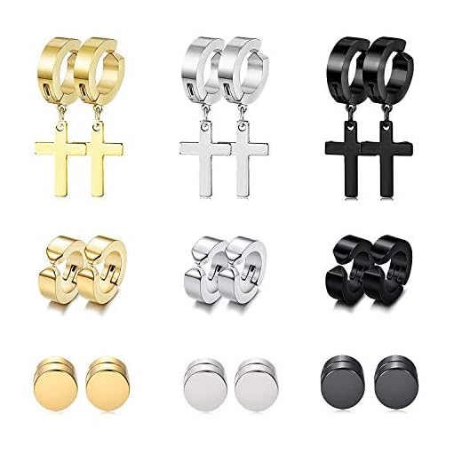 PROJEWE 9–11 par magnetiska örhängen rostfritt stål magnetiska örhängen, kors dinglande kreoler unisex clip örhänge svart CZ magnet örhänge set falska örhängen för män magnetiska örhängen, Rostfritt stål,