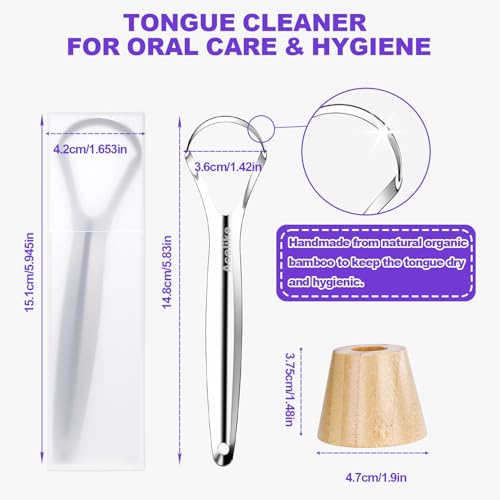 Image of Tongue Scraper for Adults (2 Pack), 2 Bamboo Holder and 2 Travel Case, 100% Stainless Steel Tongue Scraper, Reducing Bad Breath, Tongue Cleaner for Oral Care & Hygiene, Home and Travel Use