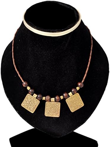 CraftsOfEgypt Bohemian Boho Hippie Ethnic African Style Leather Necklace Collar for Women with Wood Beads and 3 Pieces Brass Pendants
