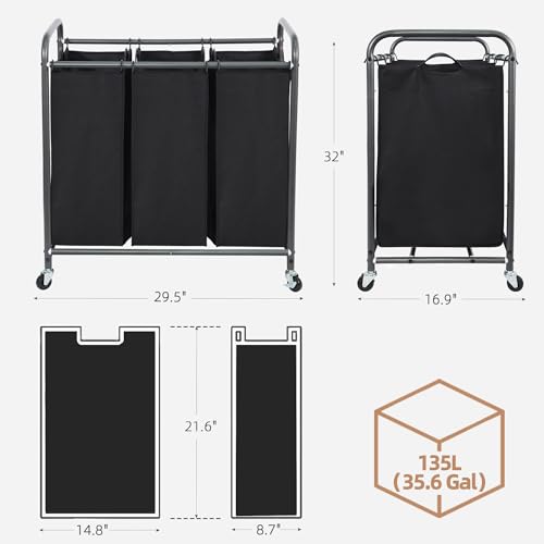 STORAGE MANIAC 3 Section Laundry Sorter, 35.9 Gal (136 L) Laundry Hamper Cart with Heavy Duty Rolling Lockable Wheels and Removable Bags, Clothes Organizer Basket Clothes Separator Hamper, Black - Image 4