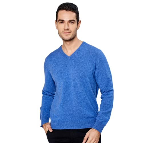 Pull cachemire italien col en V bleu pour homme au bureau