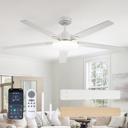 Image of Passky 60 Inch White Sleek Ceiling Fans with Lights, Remote Control | 3-color dimmable light, quiet reversible DC motor, easy install, memory, Timer, APP, bedroom, covered outdoor areas