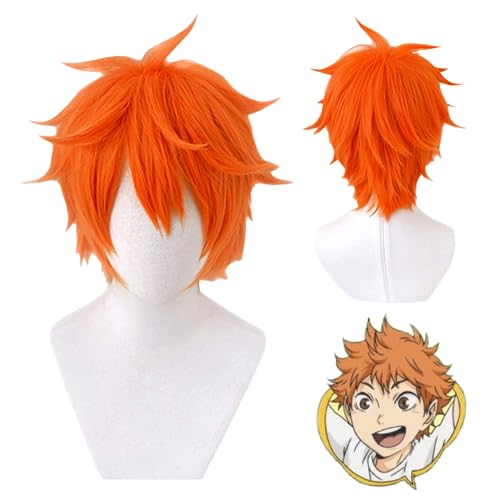 Perfe Hinata Shoyo Cosplay Wig Short Orange Fluffy Layered Wigs Wig + Wig Cap