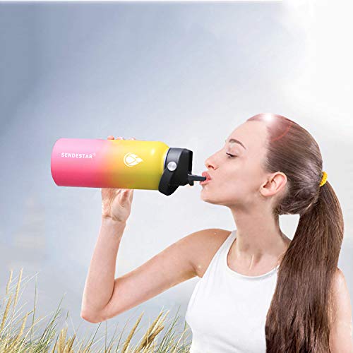 Image of SENDESTAR Stainless Steel Water Bottle, Wide Mouth 32 oz Water Bottle with Straw Lid, Spout Lid, Double Wall Vacuum Insulated Leak Proof, Keeps Liquids Hot or Cold (Yellow&Pink)