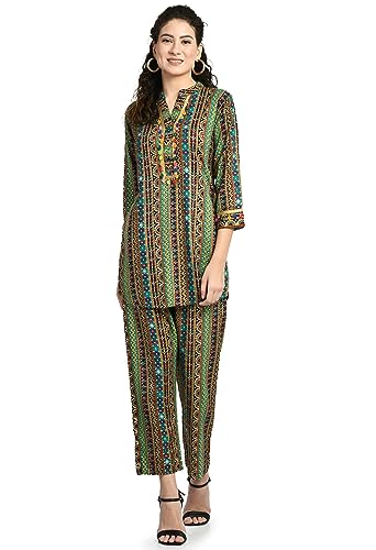 Image of Maurya Women's Rayon Angrakhha Maroon Printed Knee Length Kurta and Pant with 2 Side Pocket Ethnic Co-ord Set (Cord GP 20)