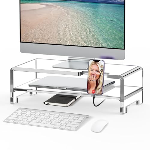 Beimu Acrylic Monitor Stand Riser Acrylic Laptop Stand Clear Computer Stand Laptop Riser with Storage Desk Organizer Accessories for Home and Office
