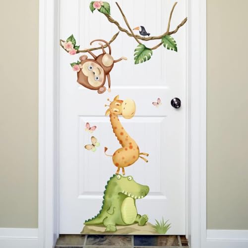Image of Watercolor Animal Wall Decals for Kids Baby Nursery Playroom Bedroom Classroom Kindergarten Wall Decor, Monkey Giraffe Sticker